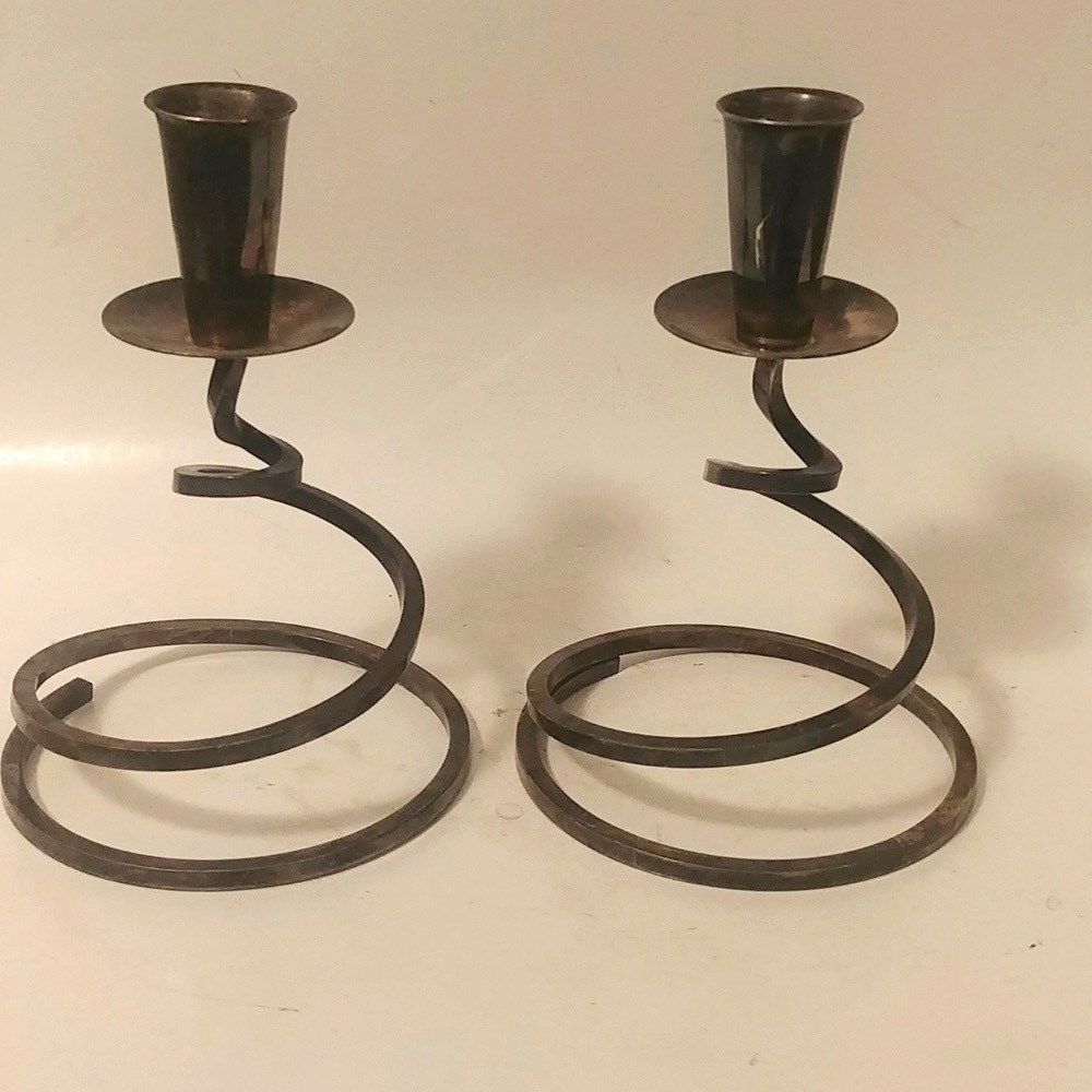 2 VTG MCM Danish Marked Fisher K202 Silver Plate Spiral Candlestick Holders